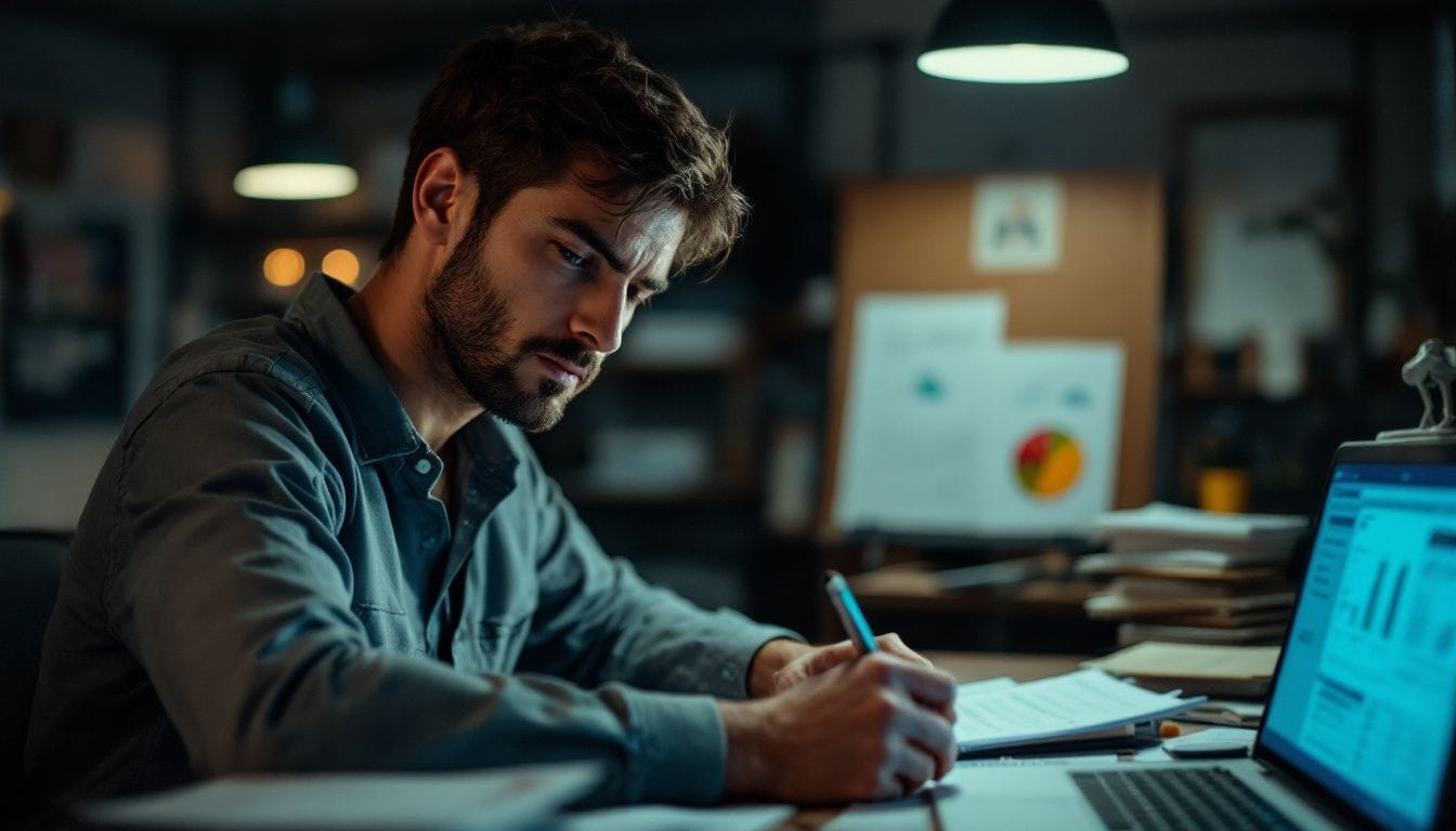 A focused engineer works on R&D tax credit documentation in a cluttered office.