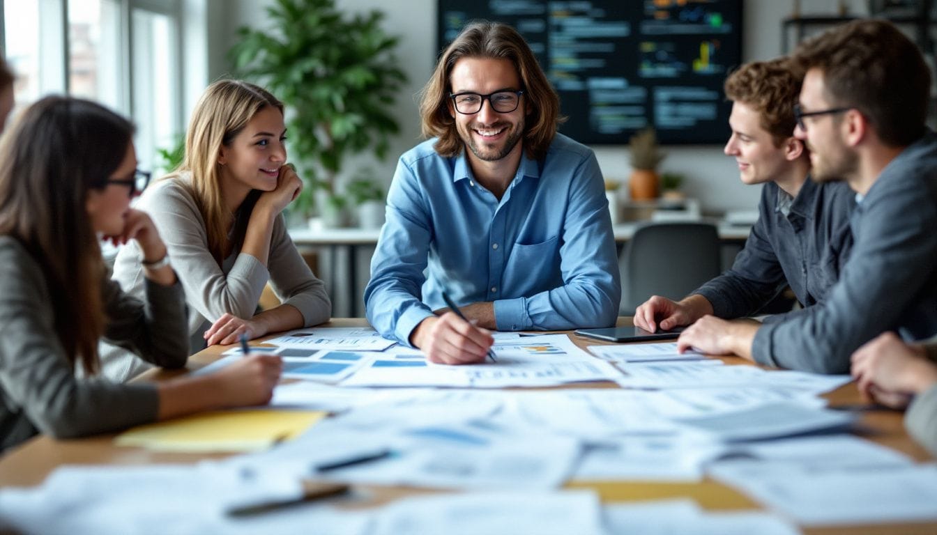 A software development team collaborating in a cluttered office space.