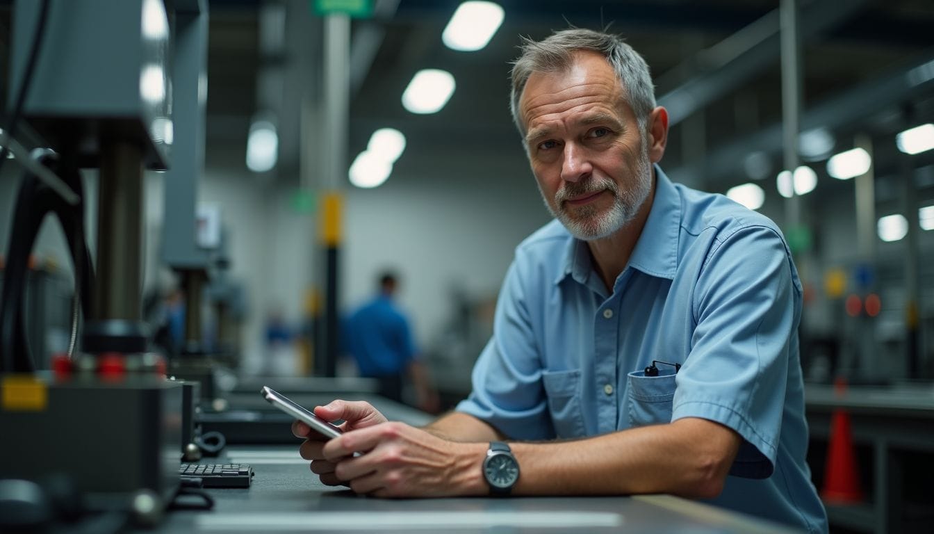 A middle-aged engineer working in a modern manufacturing facility.