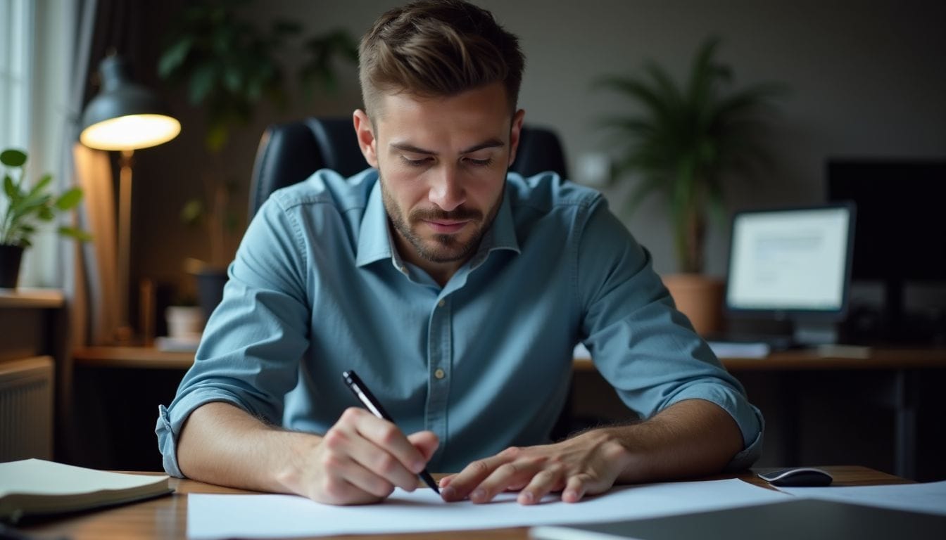 A man filling out R&D tax credit application forms at home desk.