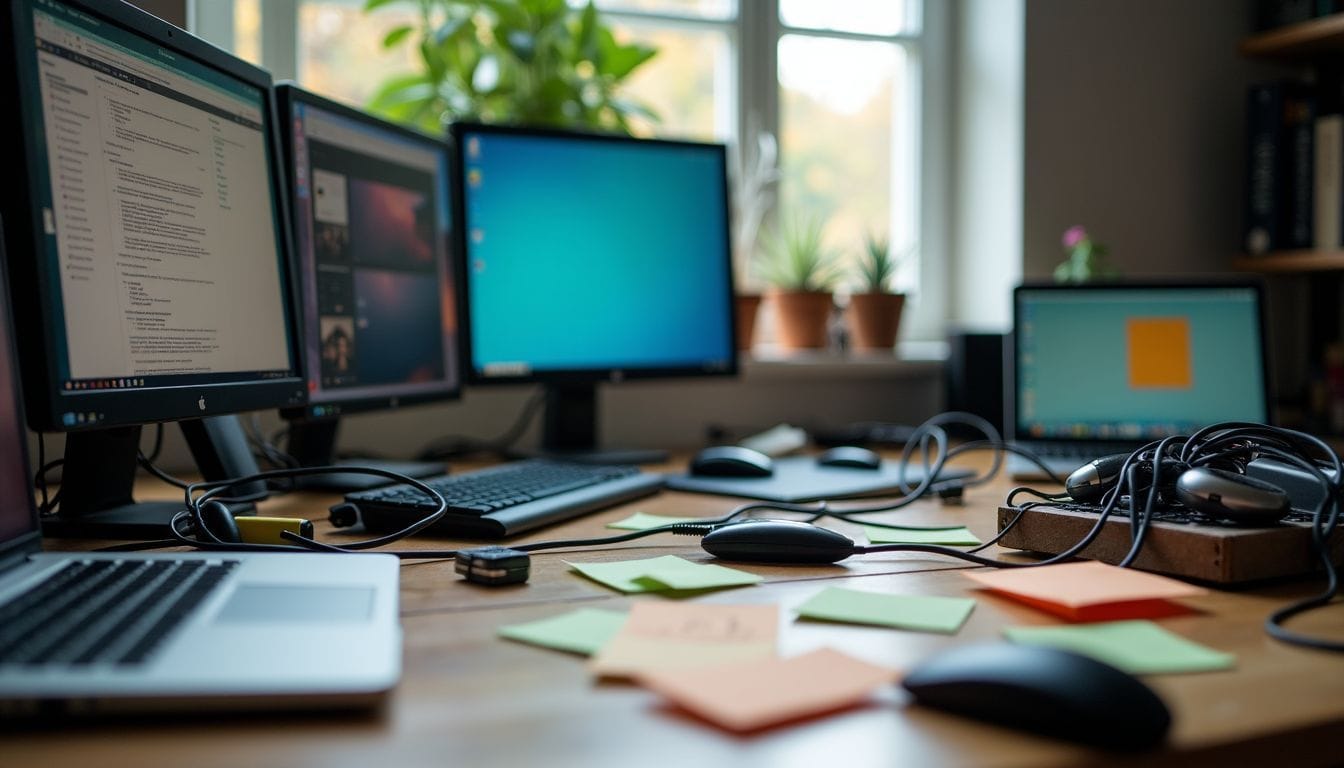 A cluttered desk with wires, gadgets, and prototypes in a well-lit room.