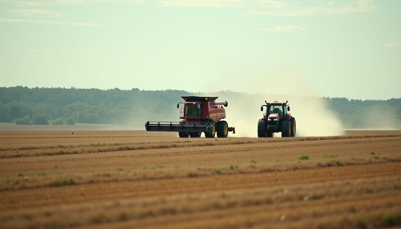 The image depicts a modern farm with advanced agricultural technology.