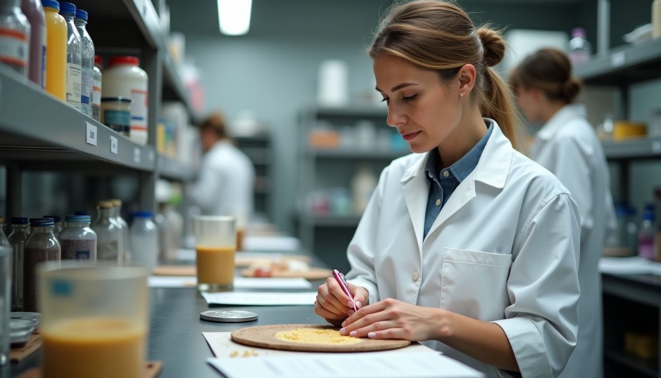 A woman in a lab coat examines ingredients and recipes in a food lab.