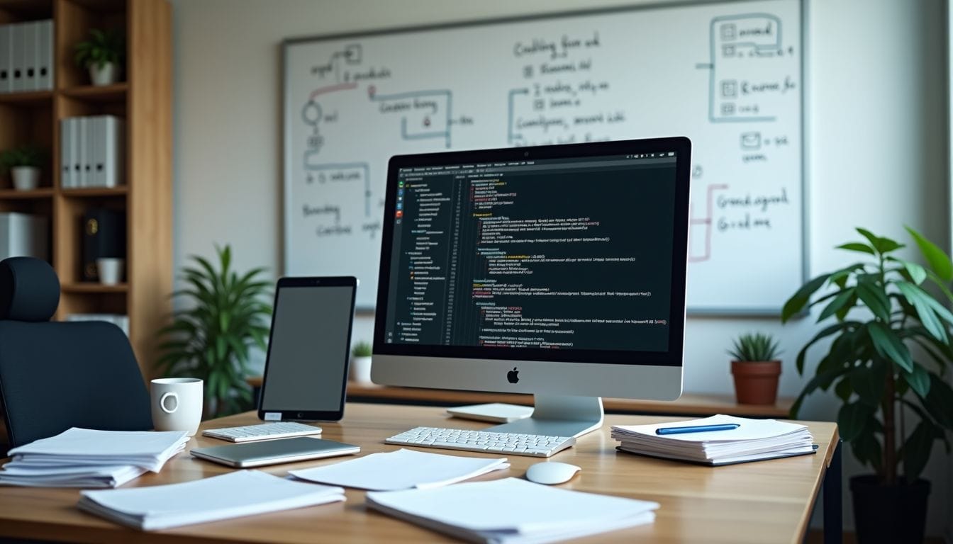 A cluttered desk in a modern office with papers and technical diagrams.