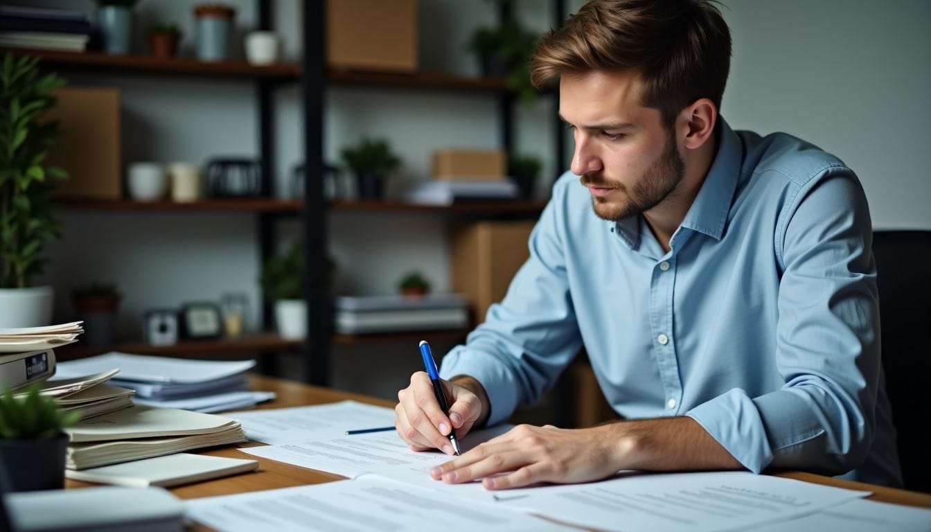 A tax specialist reviews engineering project documents in cluttered office.