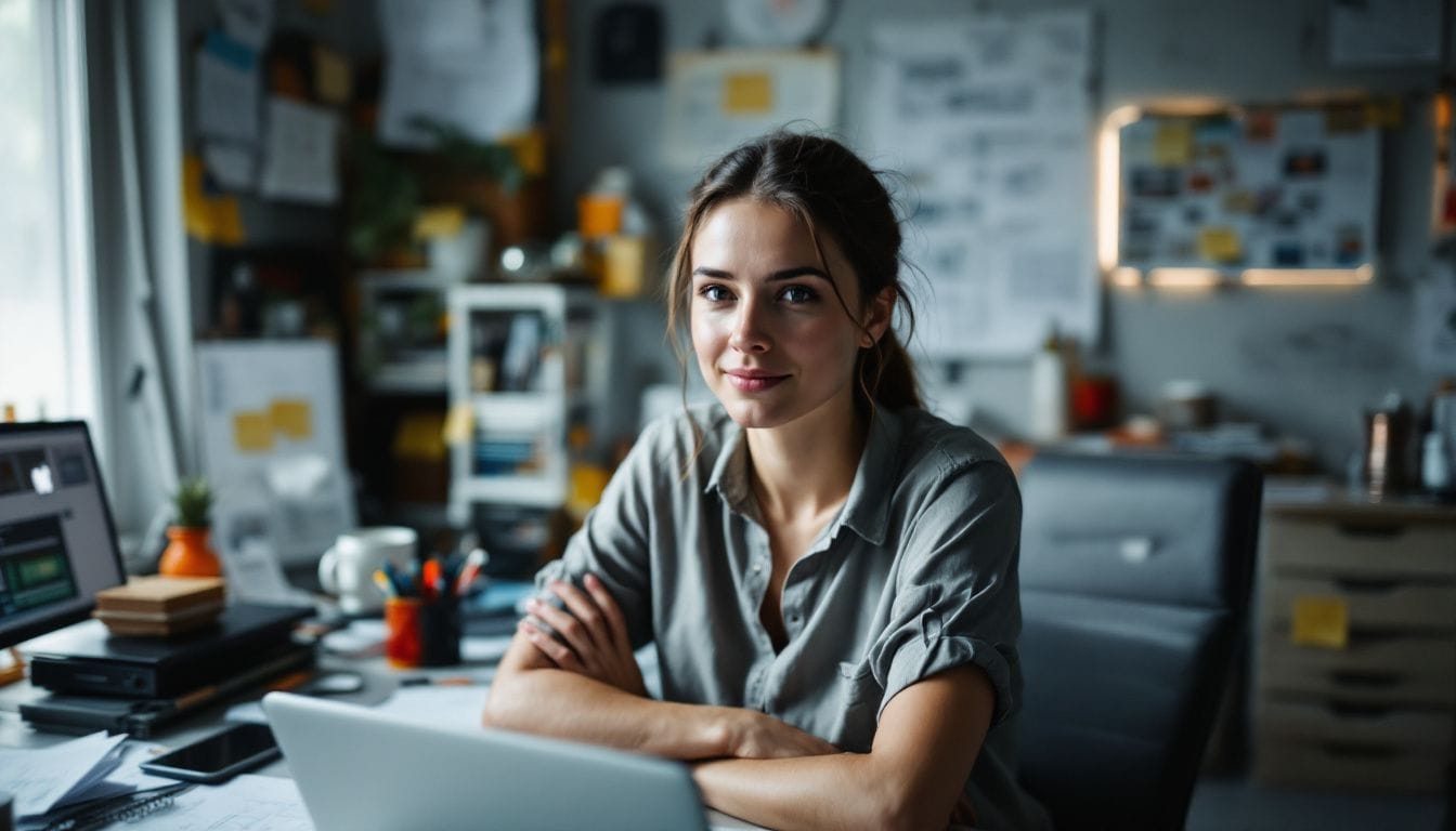 A woman working on a software development project at her cluttered home office desk.