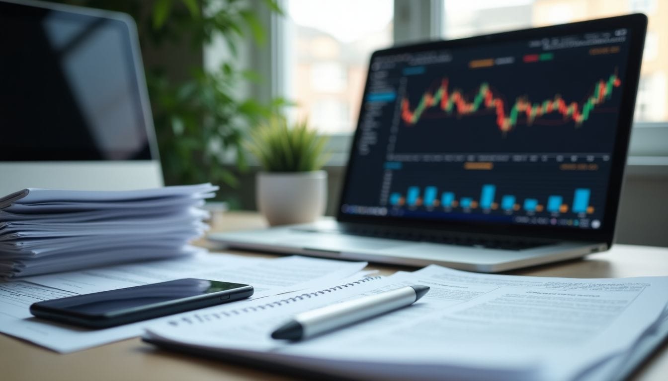 A cluttered office desk with research papers and financial data.