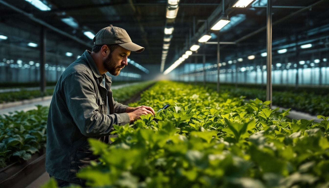 A farmer examines genetically modified crops in a high-tech greenhouse.