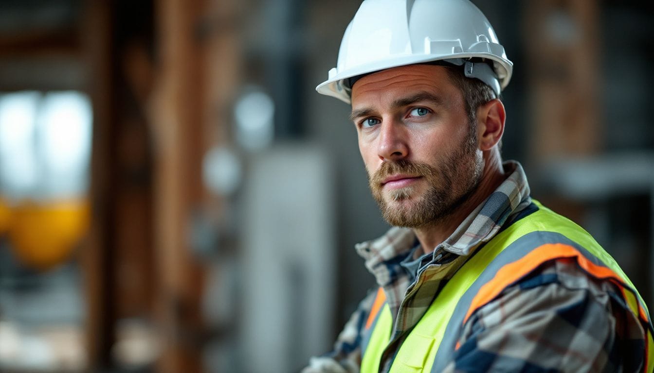 A construction engineer examines eco-friendly materials at a site.