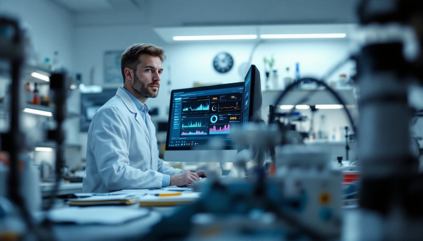 A scientist in a lab analyzing data on a computer.