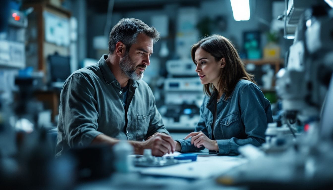 A man and woman collaborate in a MedTech lab brainstorming session.