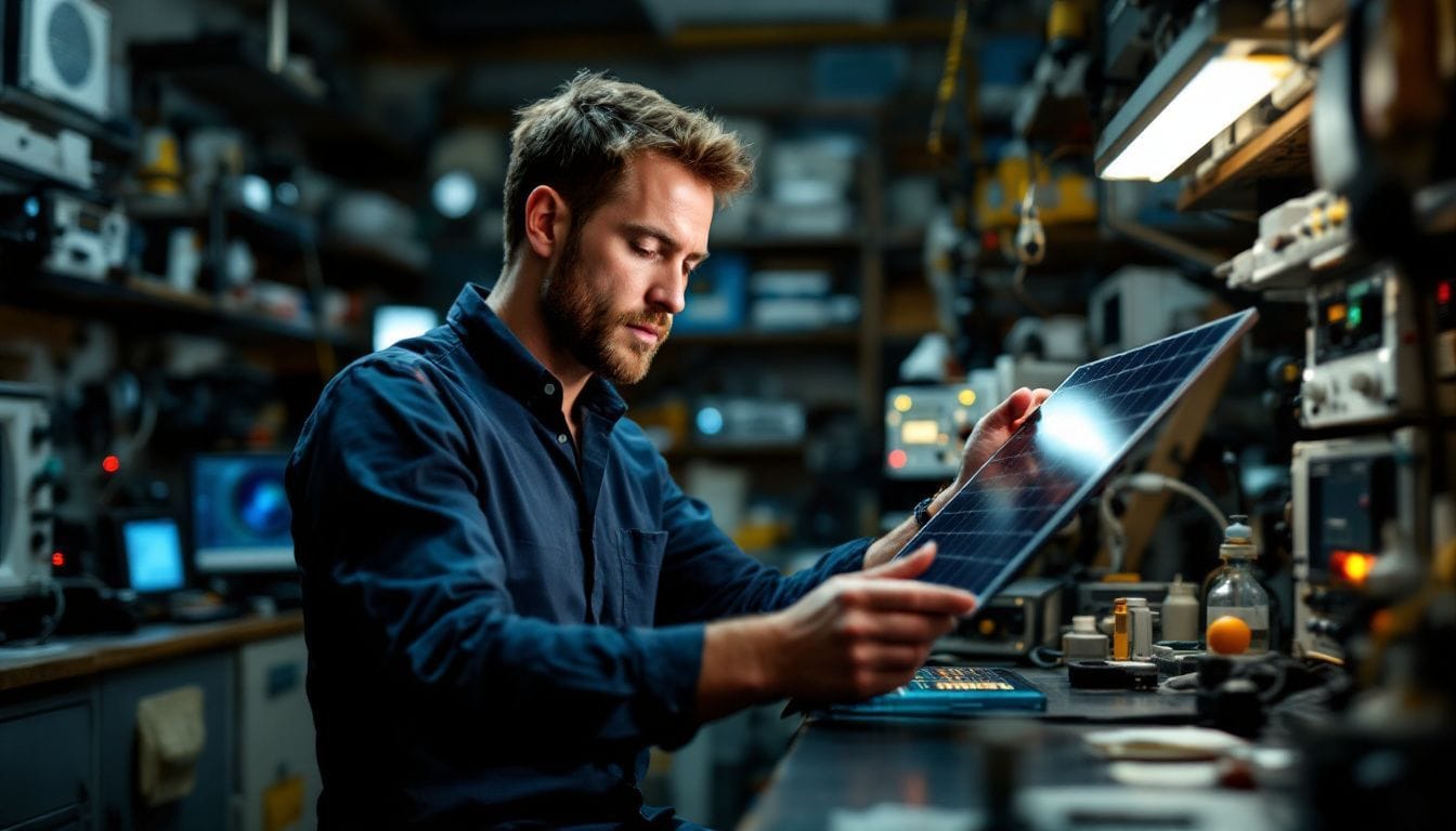 A male researcher examines a solar panel prototype in a cluttered laboratory.