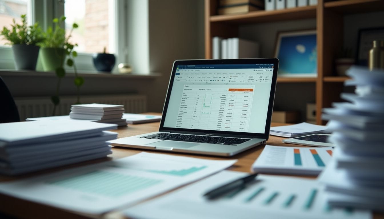 An office desk cluttered with paperwork, laptop, and product prototypes.